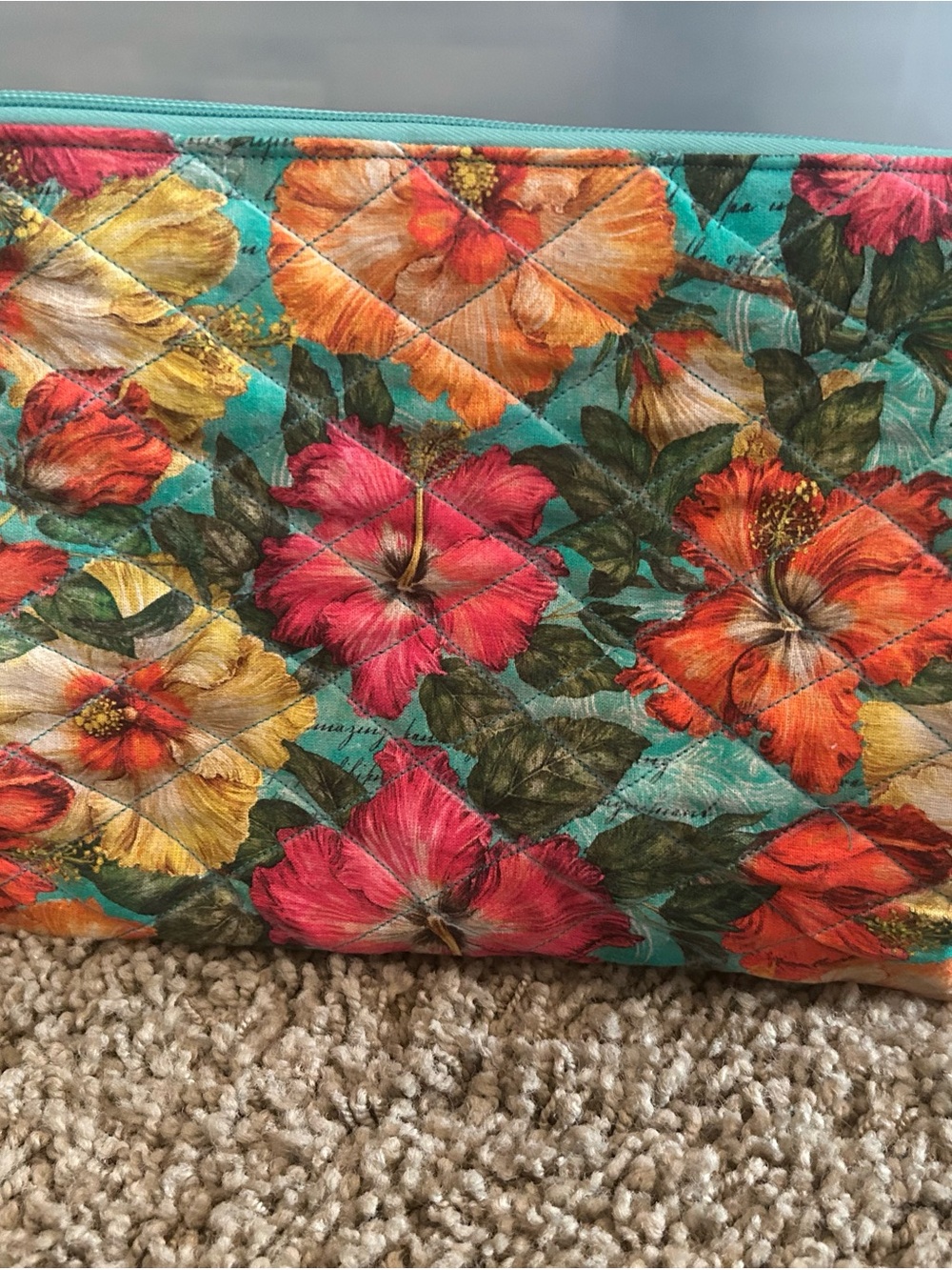Hand Crafted Teal Quilted Laptop Sleeve with Red, Orange & Yellow Hibiscus